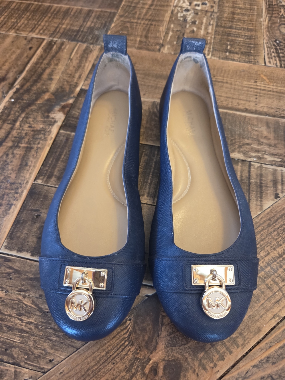 Michael Kors Dark Blue Leather Ballet Flats with Gold Logo Medallions Size 6